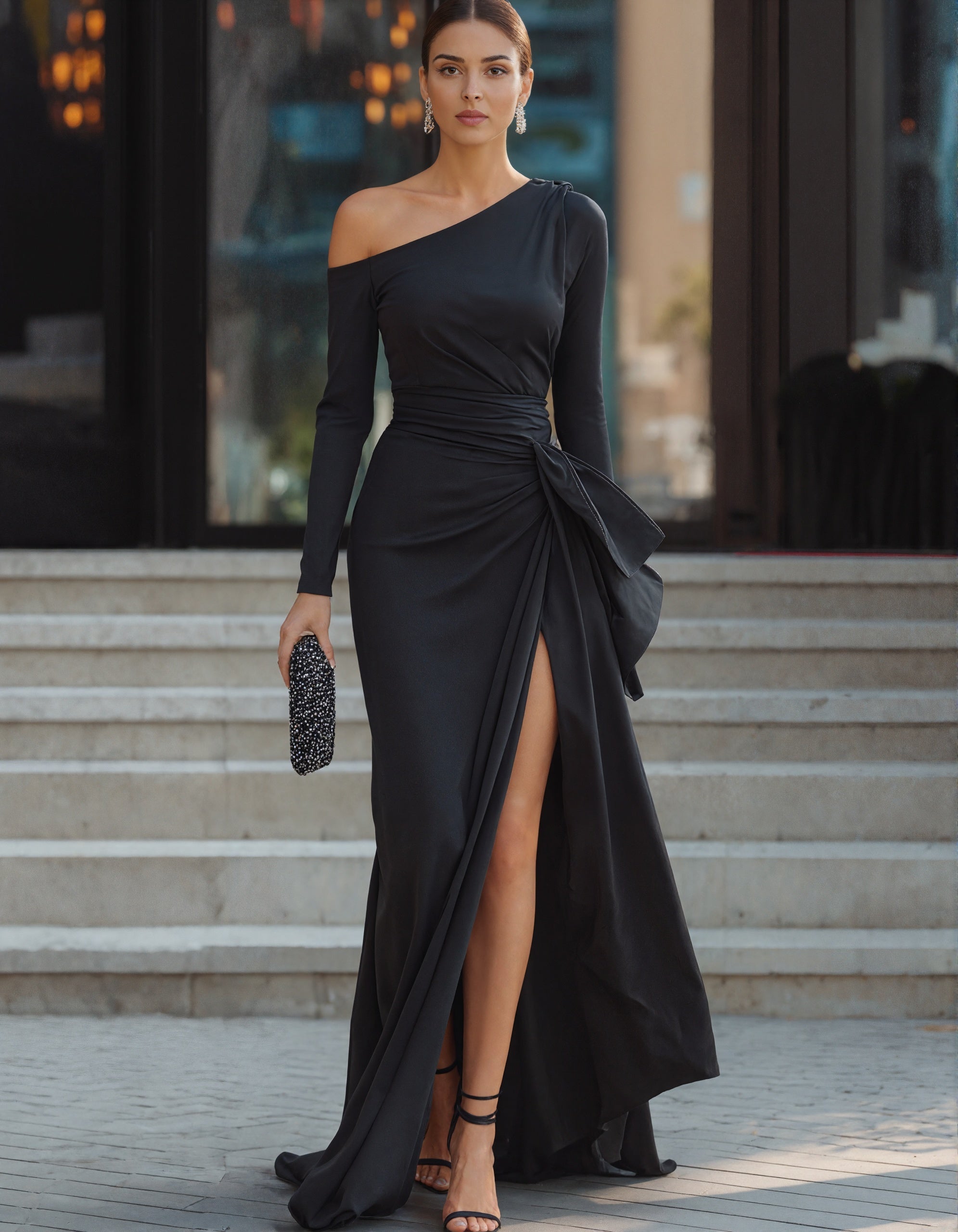 Black Single Shoulder Side Slit Maxi Dress