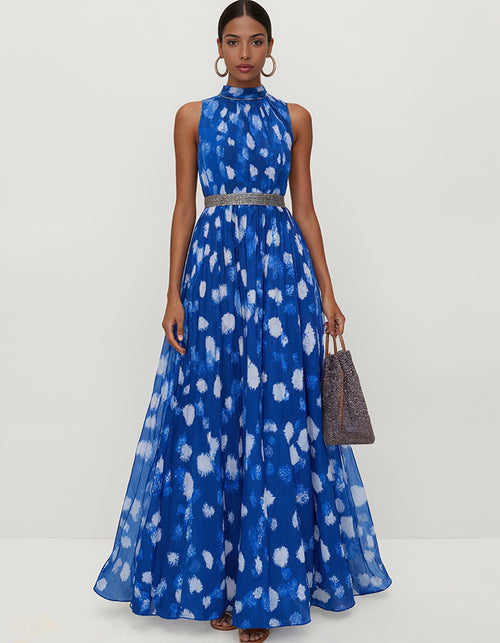 Blue Sleeveless Chiffon Print Maxi Dress