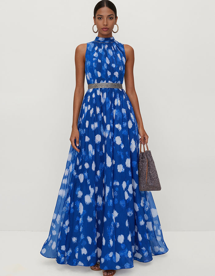 Robe maxi bleue sans manches en mousseline à imprimé