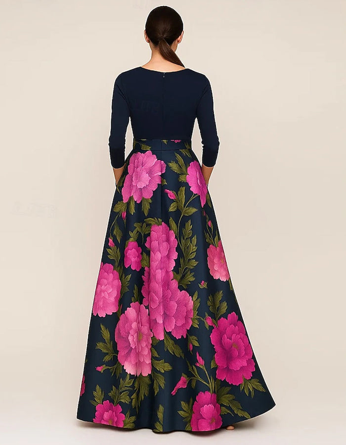 Robe longue bleu foncé à col en V, manches longues et motif floral