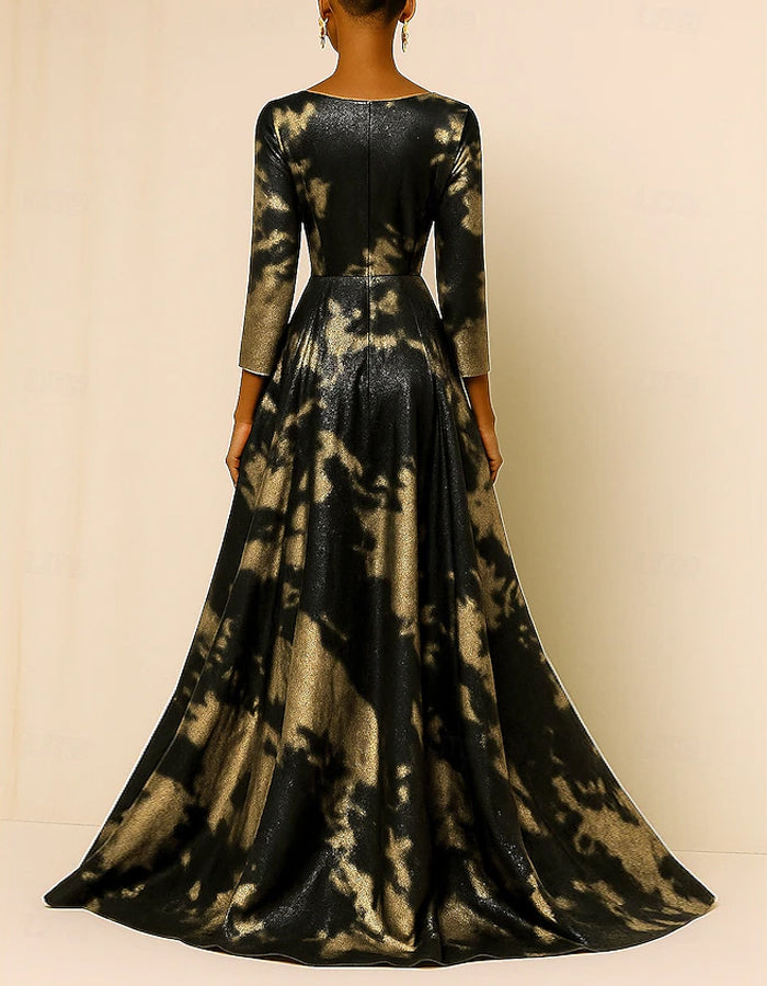 Robe longue en ligne A noire et or à col en V et imprimé floral