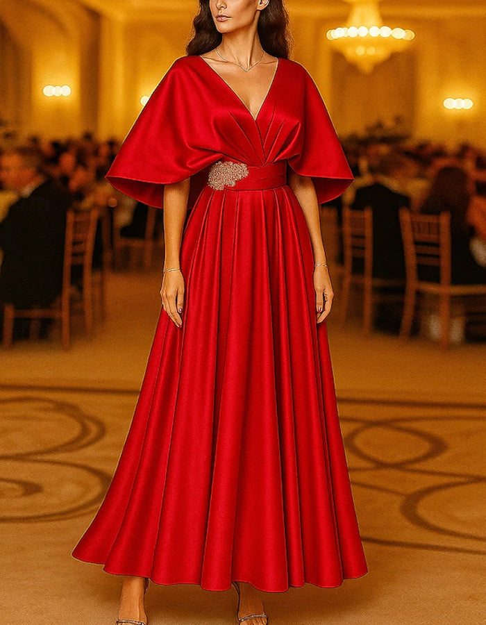 Vestido largo maxi de satén de color sólido con mangas cortas y escote en V
