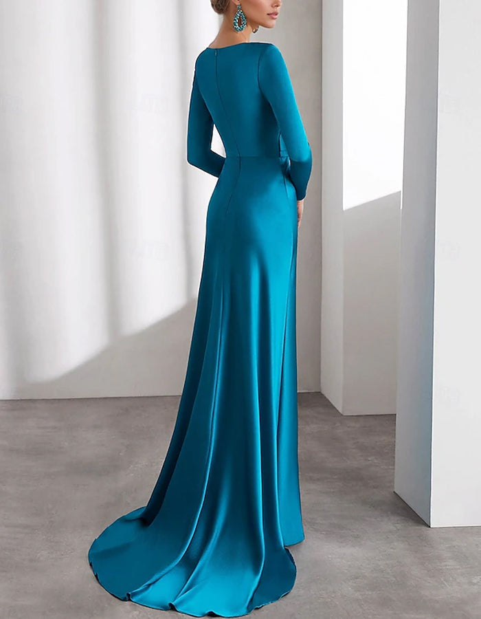 A-line Long-sleeved Shirt Collar With Elastic Satin Shoulder Flowers Maxi Dress