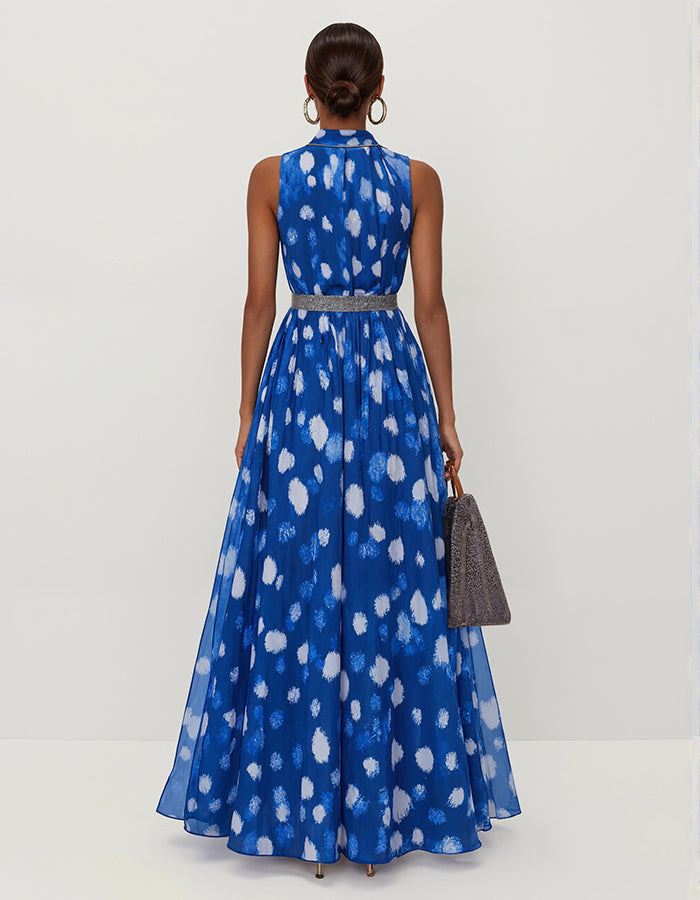 Robe maxi bleue sans manches en mousseline à imprimé