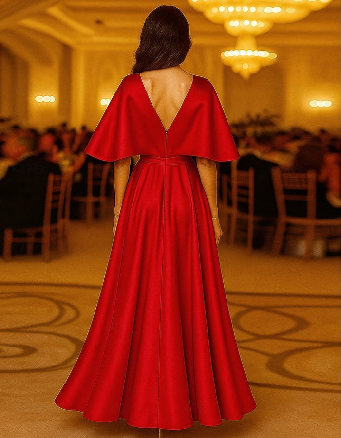 Robe longue unie en satin à manches courtes et col en V