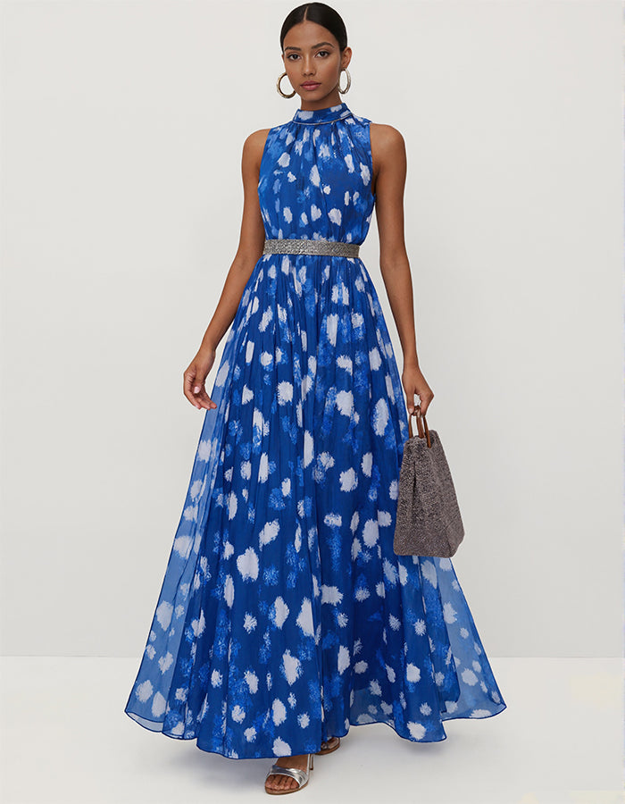 Robe maxi bleue sans manches en mousseline à imprimé