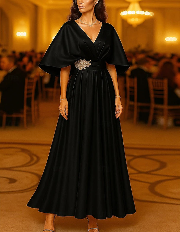 Vestido Maxi de Cetim de Cor Sólida com Decote em V e Mangas Curtas
