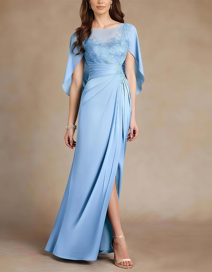 Robe de soirée élégante vert eucalyptus à manches cape avec détails en dentelle