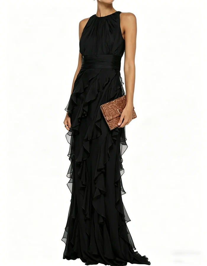 Green Elegant Ruffled Maxi Dress