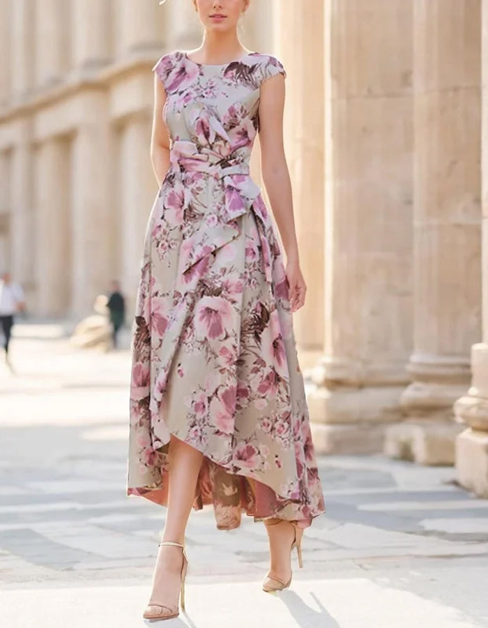 Robe élégante taupe en satin à ourlet haut-bas avec manches courtes et nœud à la taille