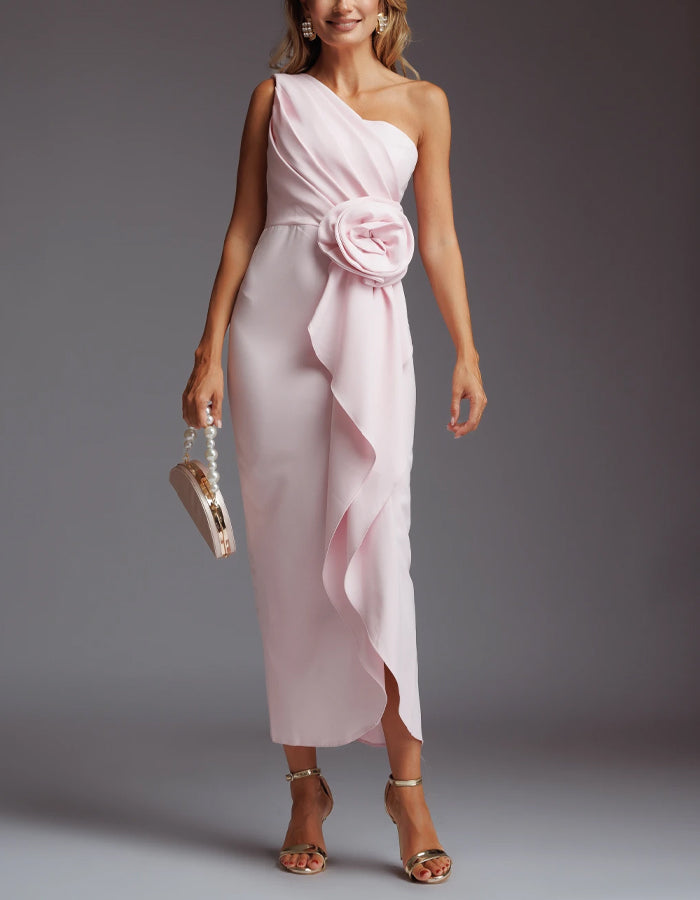 Midikleid mit einer Schulter und 3D-Blumen  
