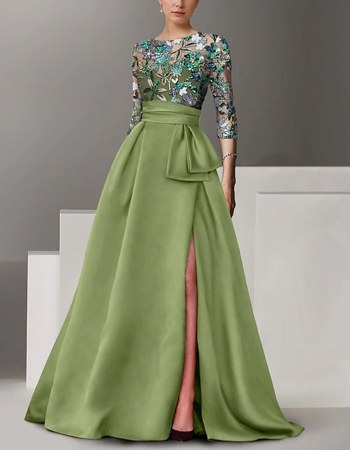 Round Neck Satin Sequined Sleeves Maxi Dress