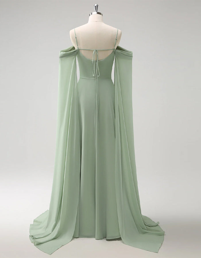 Light Green Off-the-shoulder Bridesmaid Dress with Detachable Sleeves