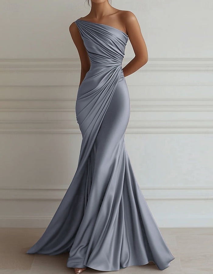 Vestido maxi de satén elástico plisado con un solo hombro