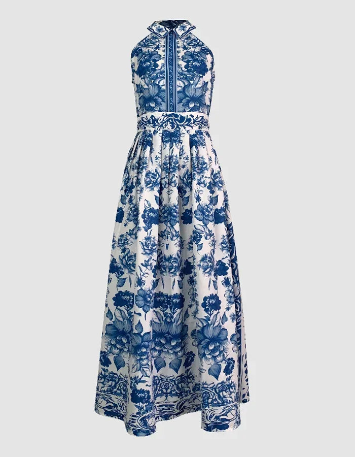 Gracieus blauw-witte halter galajurk met bloemenporseleinprint