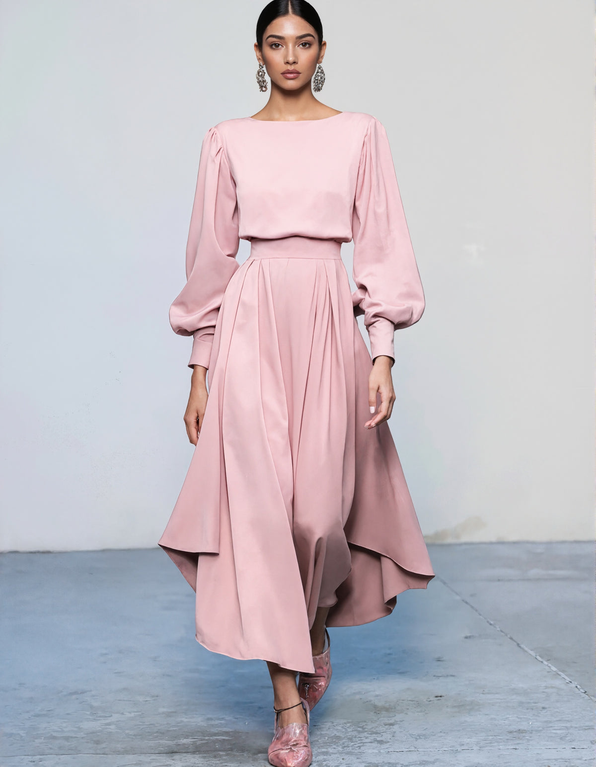 Rochie midi cu mâneci lungi, culoare solidă, gât rotund