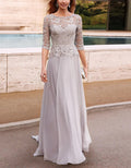 Gray A-line Three Quarter Sleeve Lace Maxi Dress