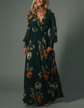Dark Green Chiffon Printed Long Sleeves Maxi Dress