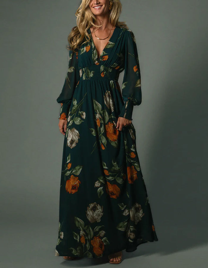 Vestido maxi de gasa verde oscuro con estampado y mangas largas