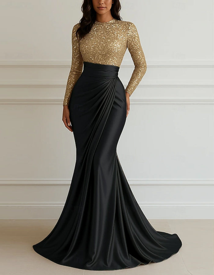 Maxikleid aus Satin mit Pailletten und Patchwork, Rundhalsausschnitt  