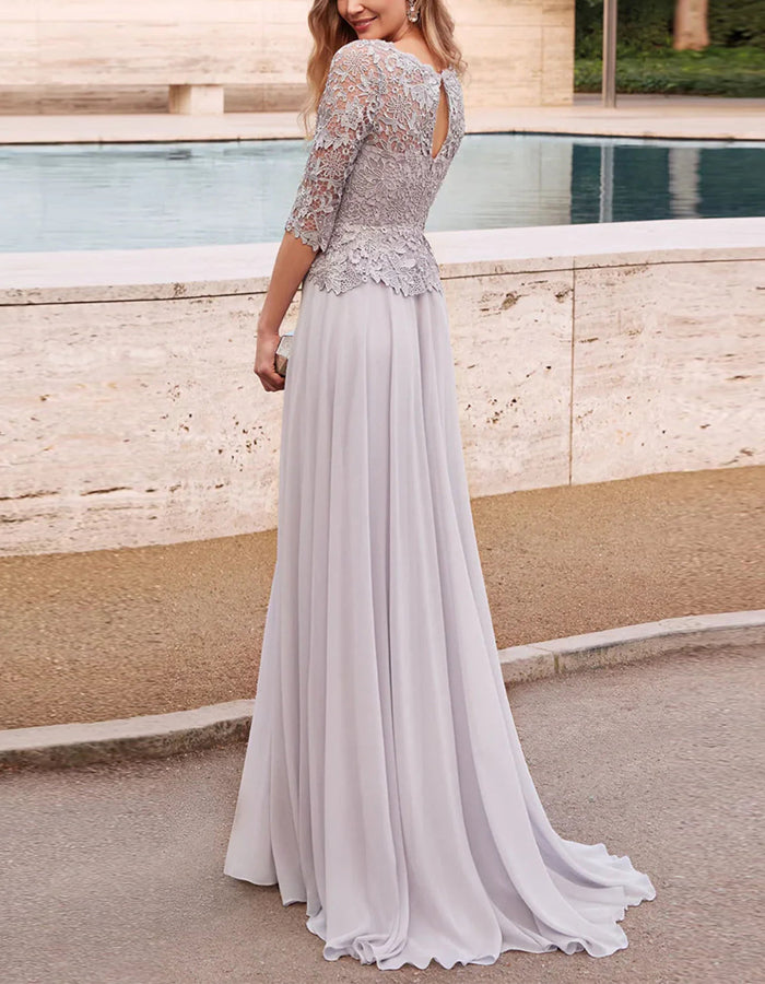 Robe maxi grise à manches trois-quarts en dentelle, coupe trapèze
