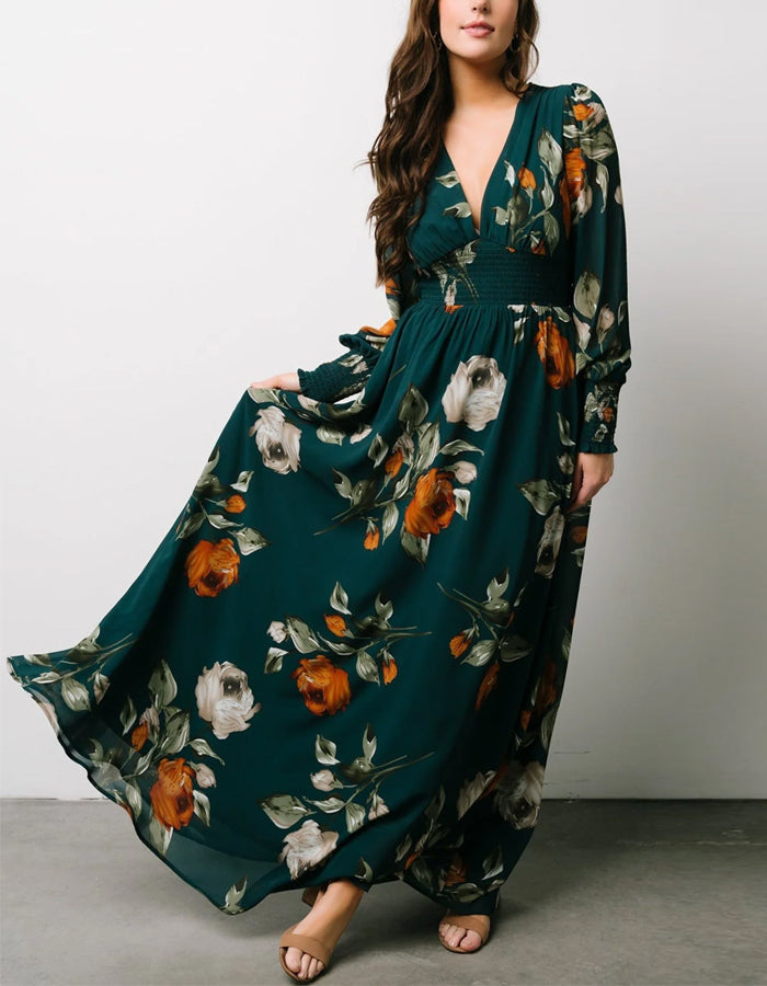 Vestido maxi verde escuro em chiffon com mangas compridas estampadas