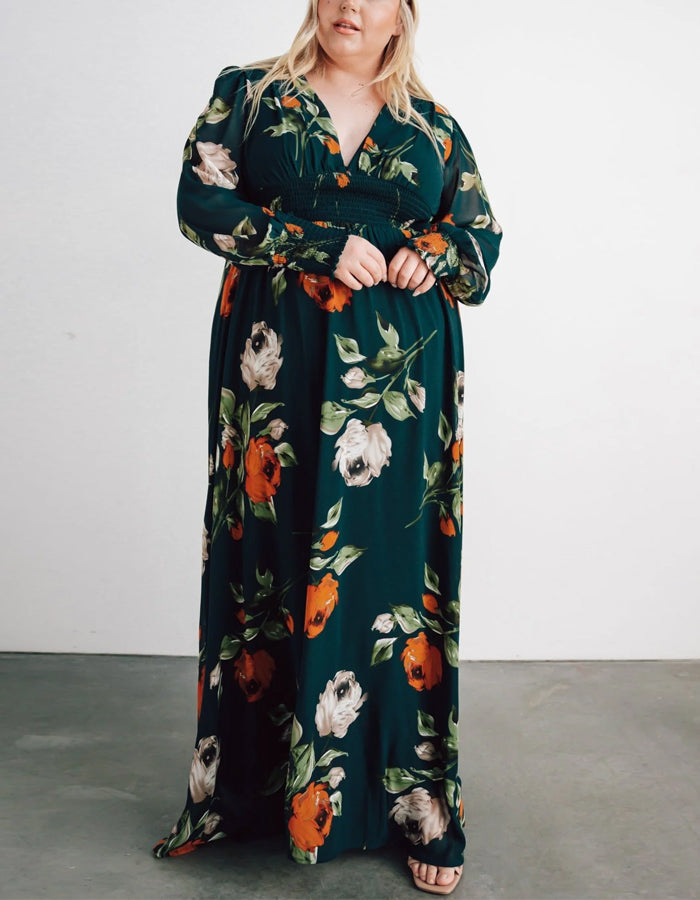Vestido maxi verde escuro em chiffon com mangas compridas estampadas