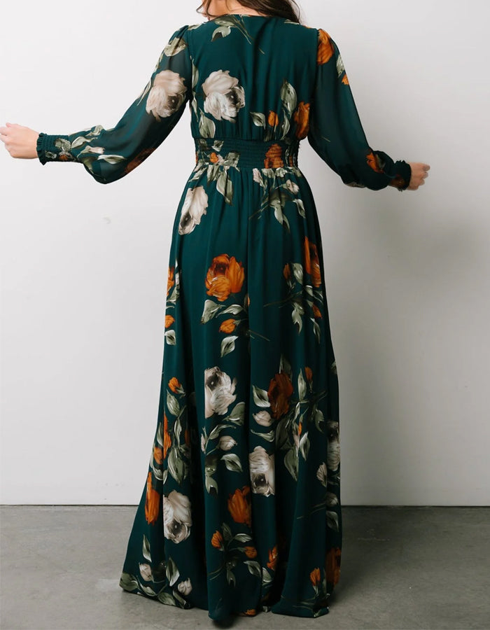 Vestido maxi verde escuro em chiffon com mangas compridas estampadas