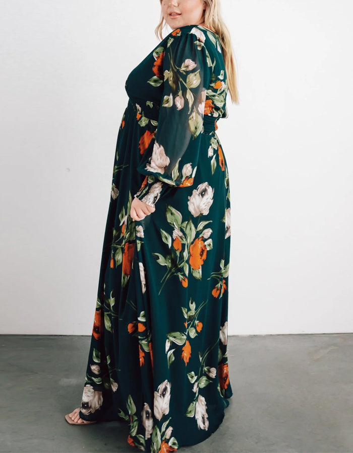 Vestido maxi verde escuro em chiffon com mangas compridas estampadas