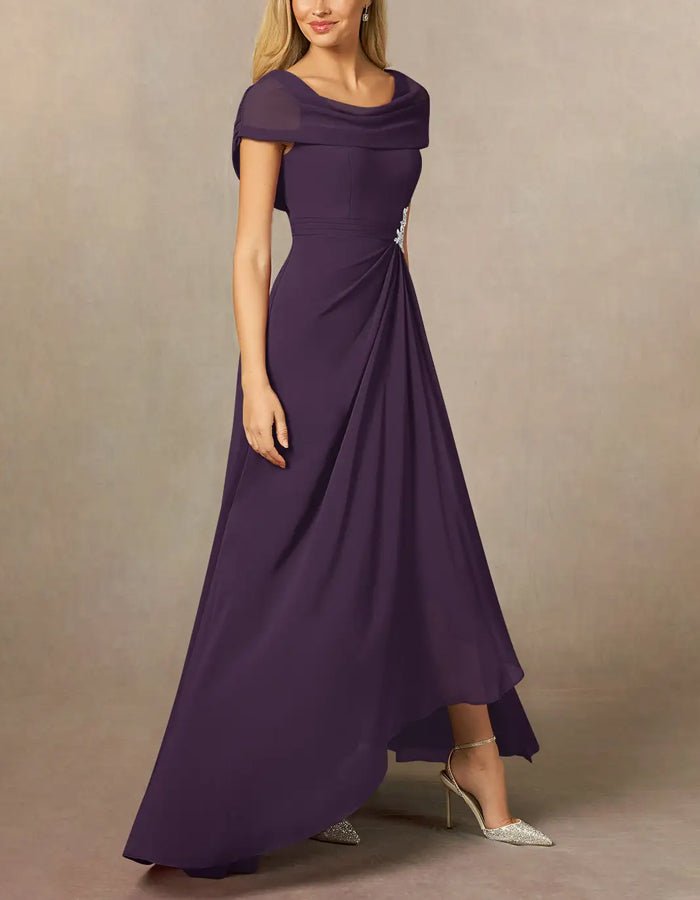 Rochie maxi A-line mov din chiffon cu deschidere laterală
