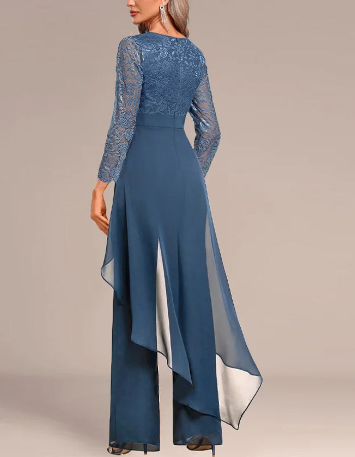 Elegant Lace and Chiffon Jumpsuit with Draped Overlay and Rhinestone