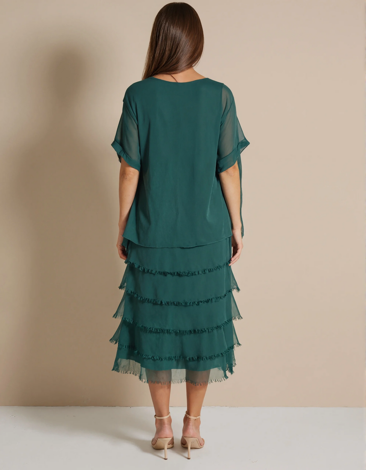Elegant Chiffon Midi Dress with Tiered Fringe Skirt and Sheer Overlay