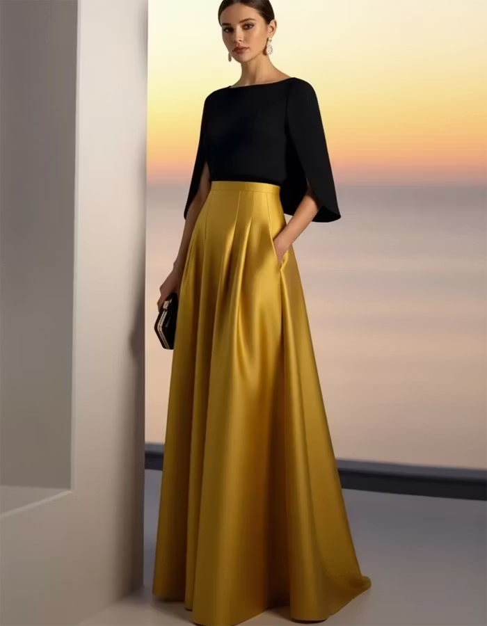 Black And Gold Satin Boat Neckline Maxi Dress