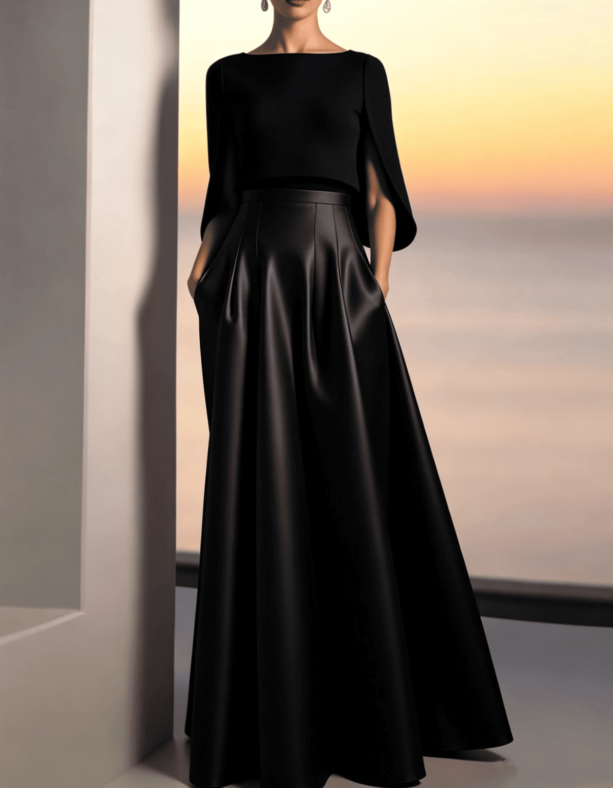 Black And Gold Satin Boat Neckline Maxi Dress