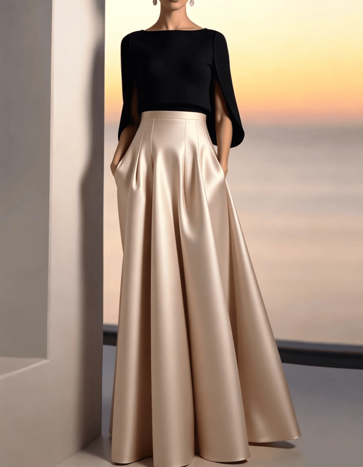 Black And Gold Satin Boat Neckline Maxi Dress
