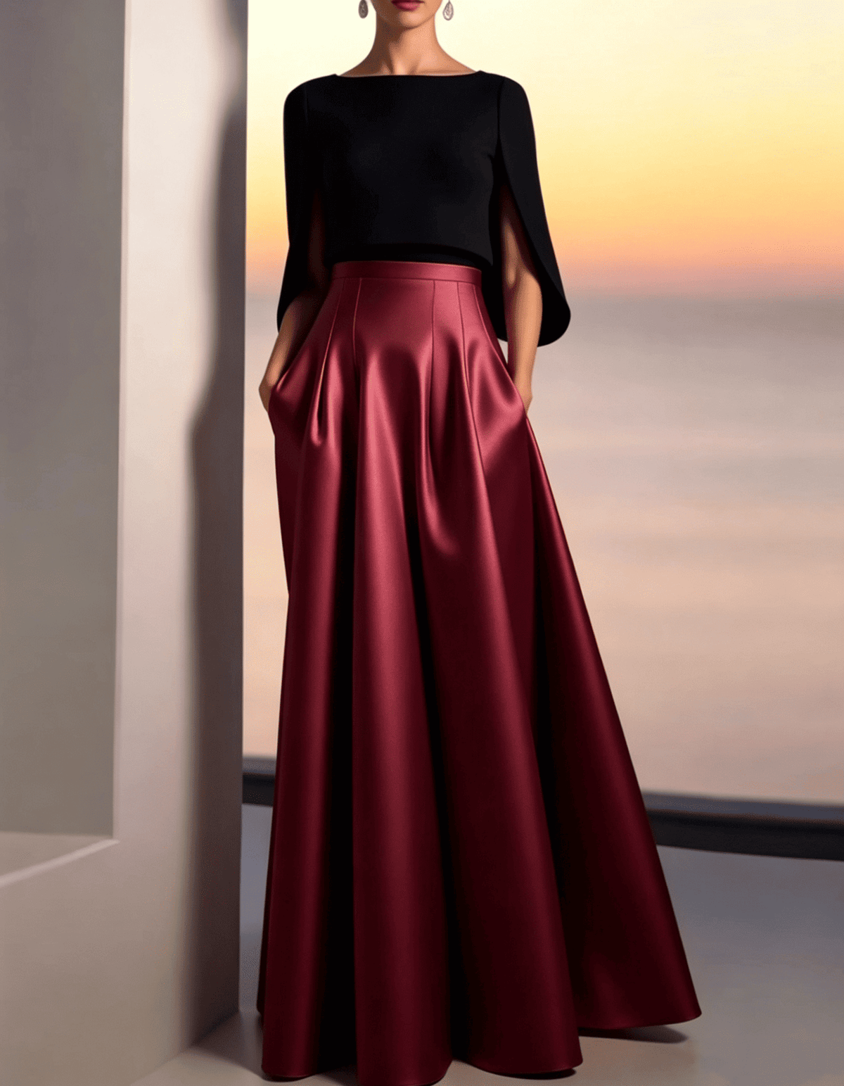 Black And Gold Satin Boat Neckline Maxi Dress