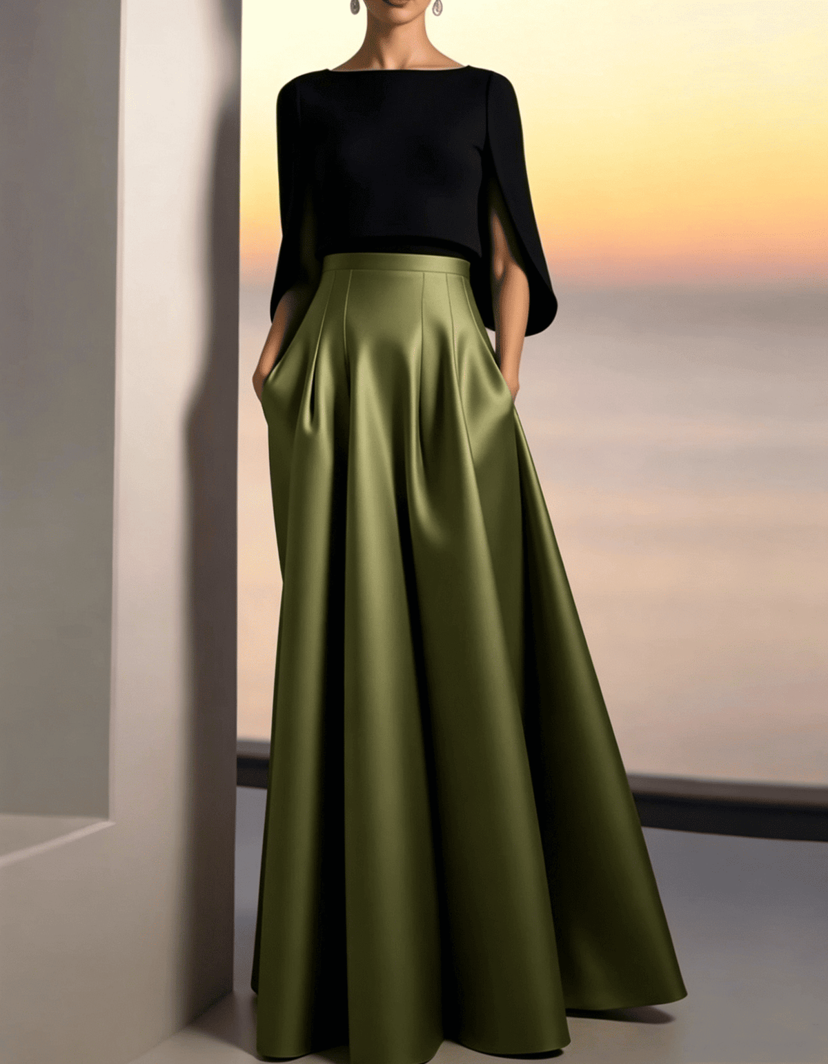 Black And Gold Satin Boat Neckline Maxi Dress