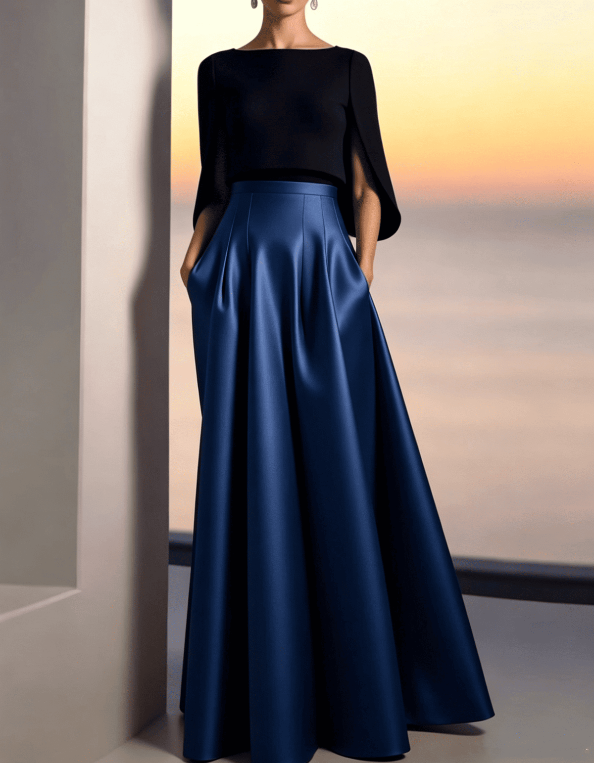 Black And Gold Satin Boat Neckline Maxi Dress