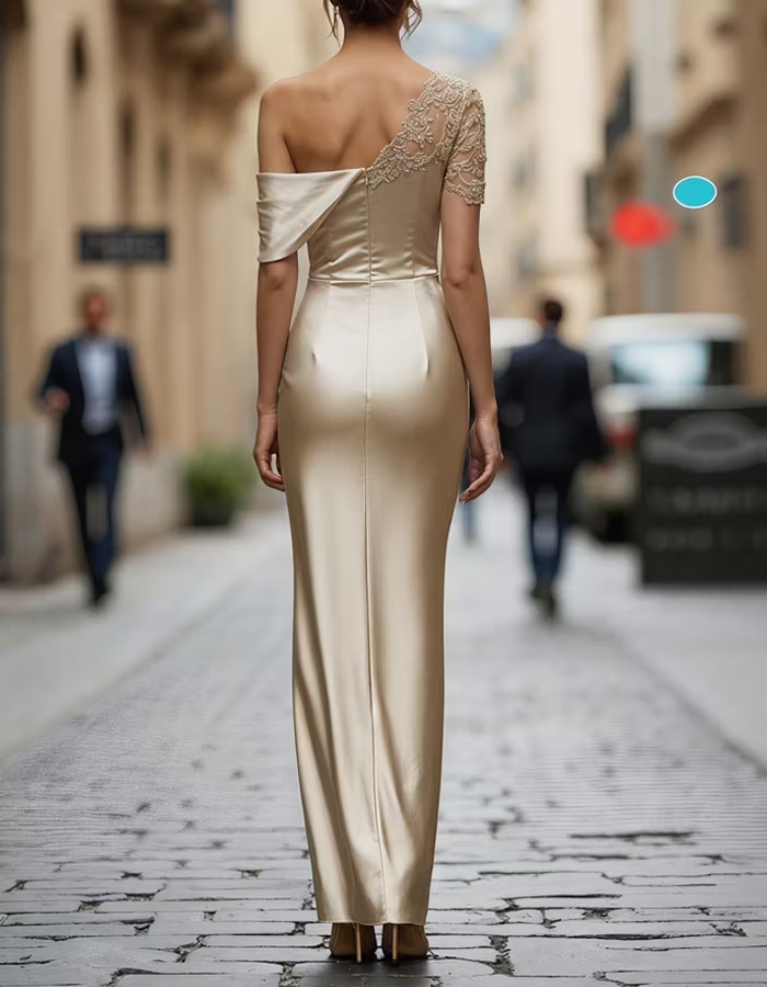 Ein-Schulter-Spitzen-Satin-Maxikleid