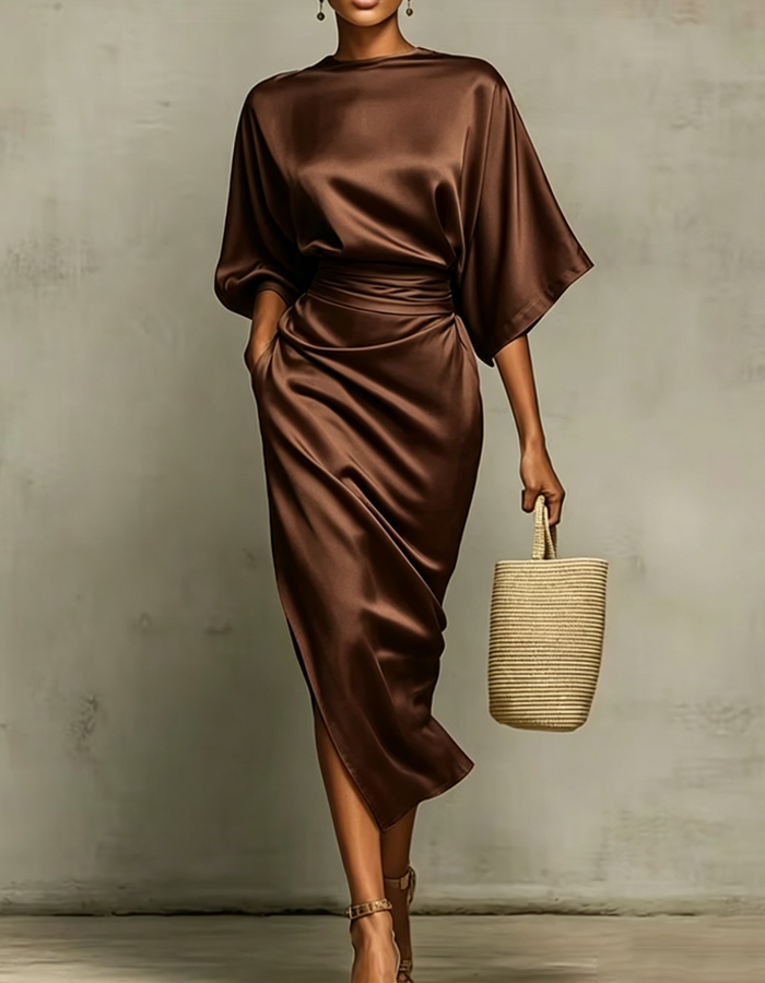 Multicolor Satin Draped Midi Dress