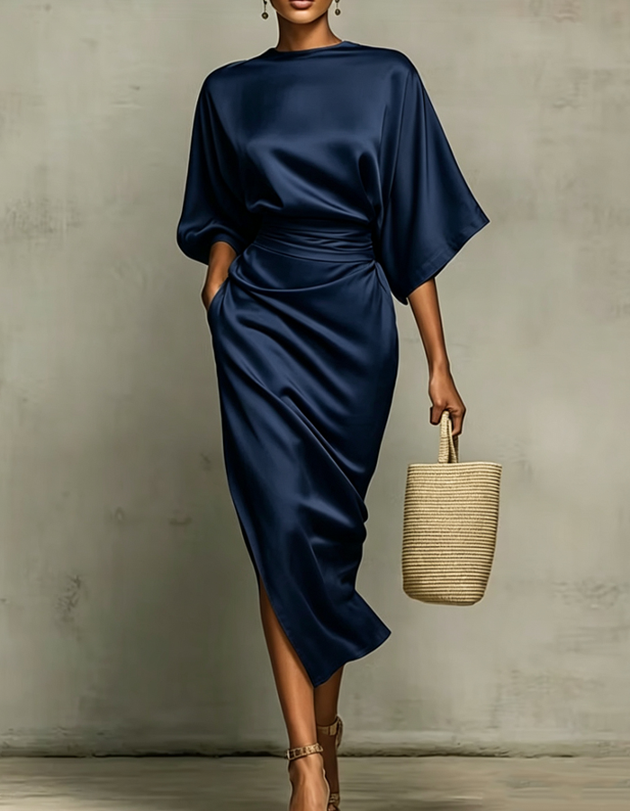 Multicolor Satin Draped Midi Dress