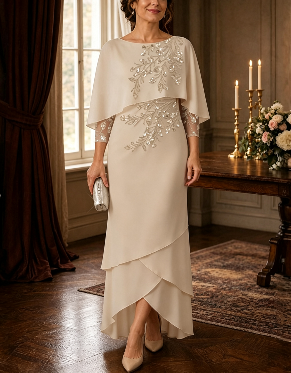 Sequin Cape Sleeve Layered Chiffon High Low Maxi Dress