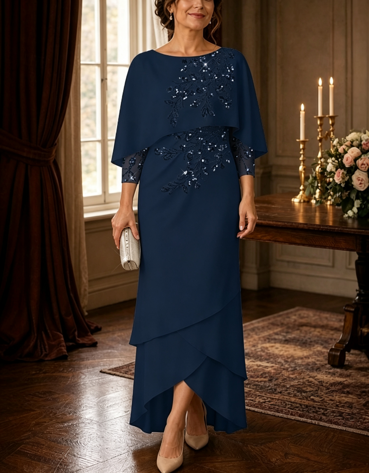 Sequin Cape Sleeve Layered Chiffon High Low Maxi Dress