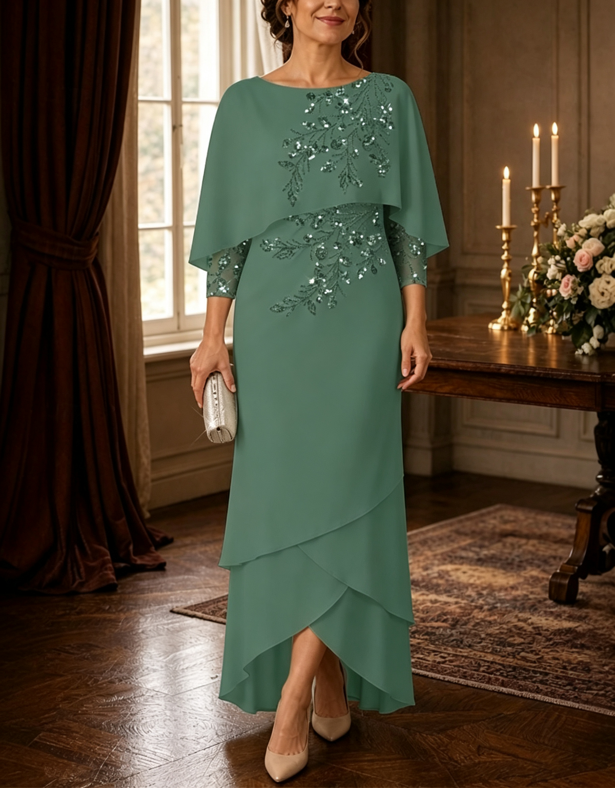 Sequin Cape Sleeve Layered Chiffon High Low Maxi Dress