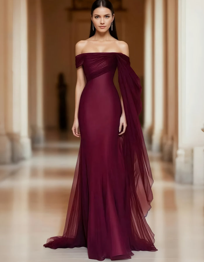 Robe maxi rouge en tulle épaules dénudées