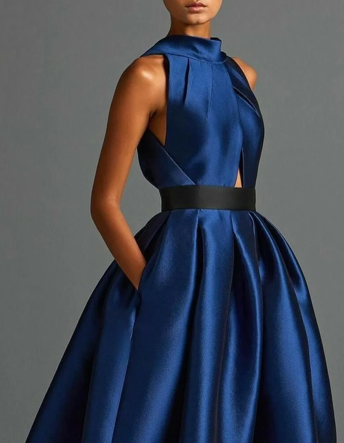 Robe longue en satin à col montant