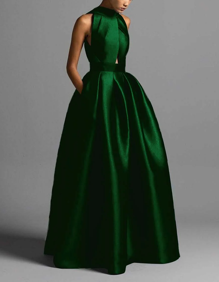 Vestido Maxi de Cetim com Gola Alta