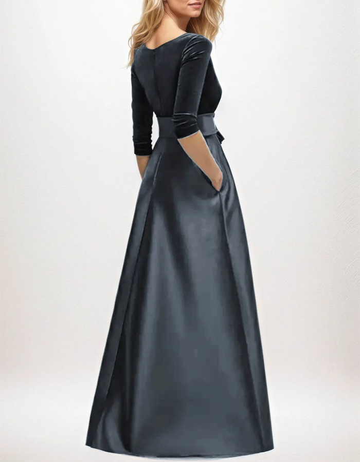 Rochie maxi cu bodi din catifea și fustă din satin