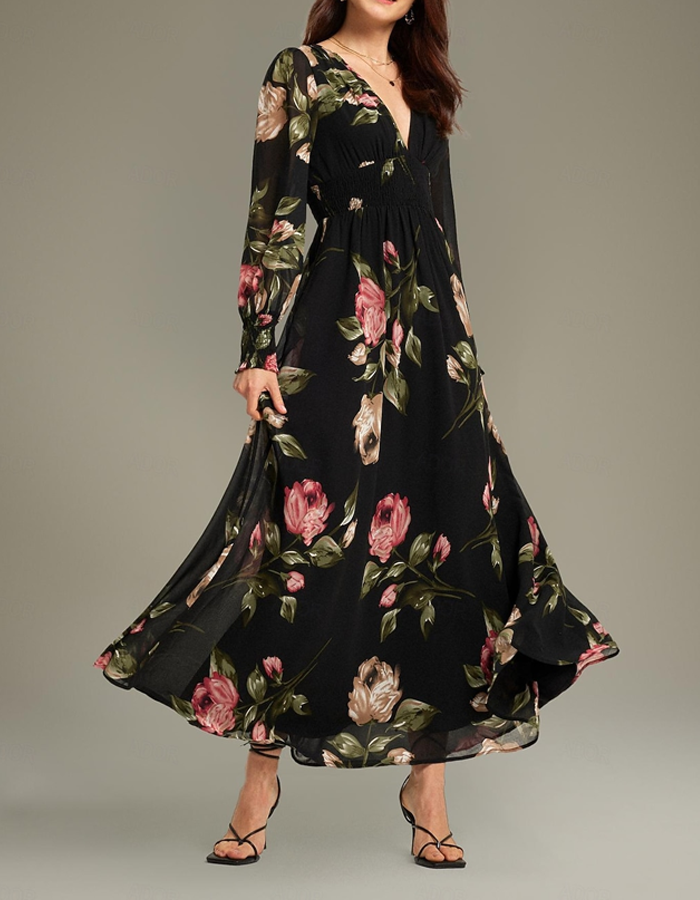 Vestido Maxi de Chiffon com Estampa Floral Preta