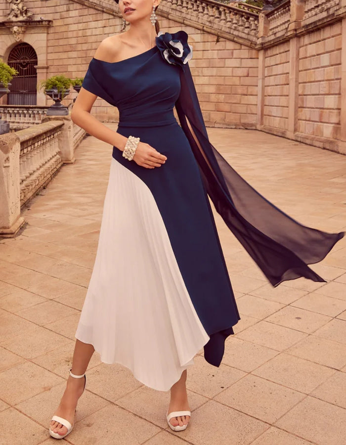 Dark Blue Off-shoulder Formal Occasion Party Midi Dress